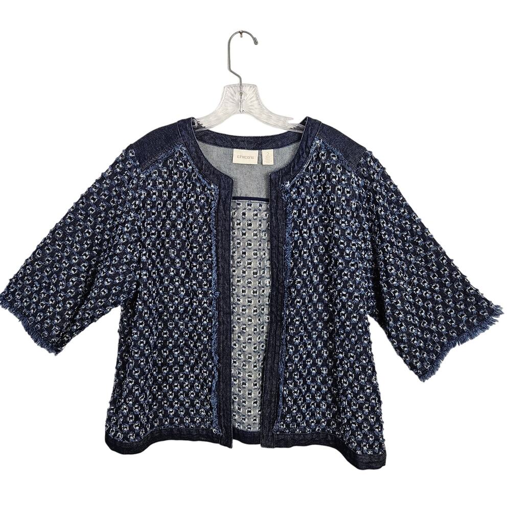 CHICOs Womens Sz 2 Perforated Denim Jacket Textured Fringe 3/4 sleeve Cardigan